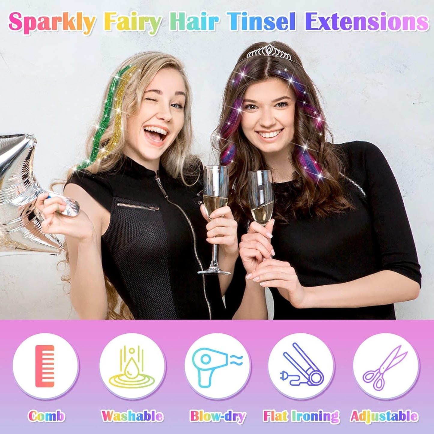 Hair Tinsel Kit,Fairy Tinsel Hair Extensions with Tool 12 Colors 48In 2400 Strands Hair Tinsel Heat Resistant,Glitter Hair Extensions for Women,Hair Accessories for Halloween Christmas Cosplay Party