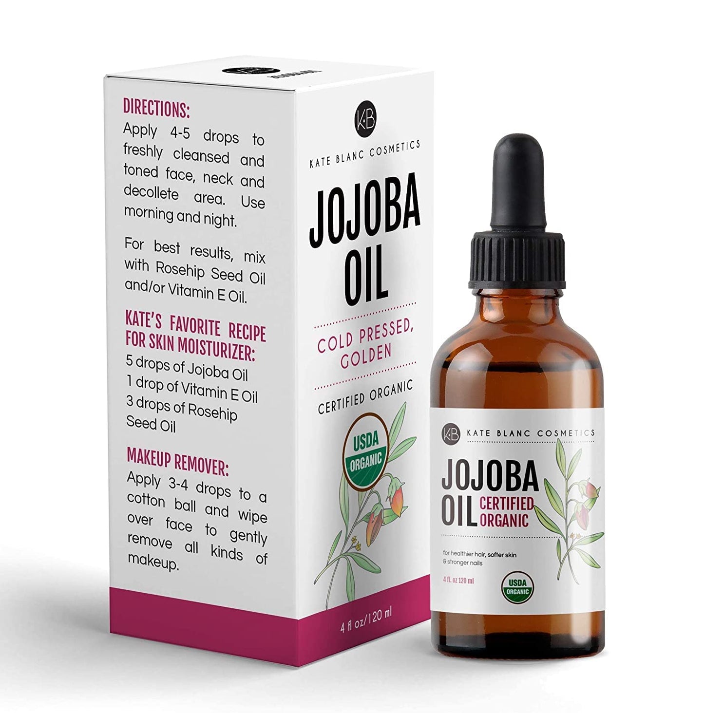 Kate Blanc Cosmetics Jojoba Oil for Hair Growth, Face & Skin. Gua Sha Oil for Face Massage and Dermaplaning (4oz, Organic, 100% Pure, Natural)