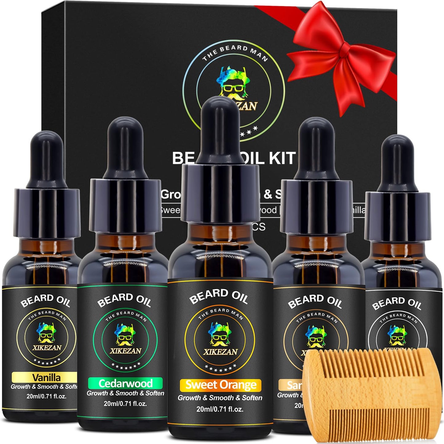 XIKEZAN Beard Oil Set - 5 Pack with Sandalwood, Orange, Vanilla & Cedarwood | Moisturizing Gift for Men