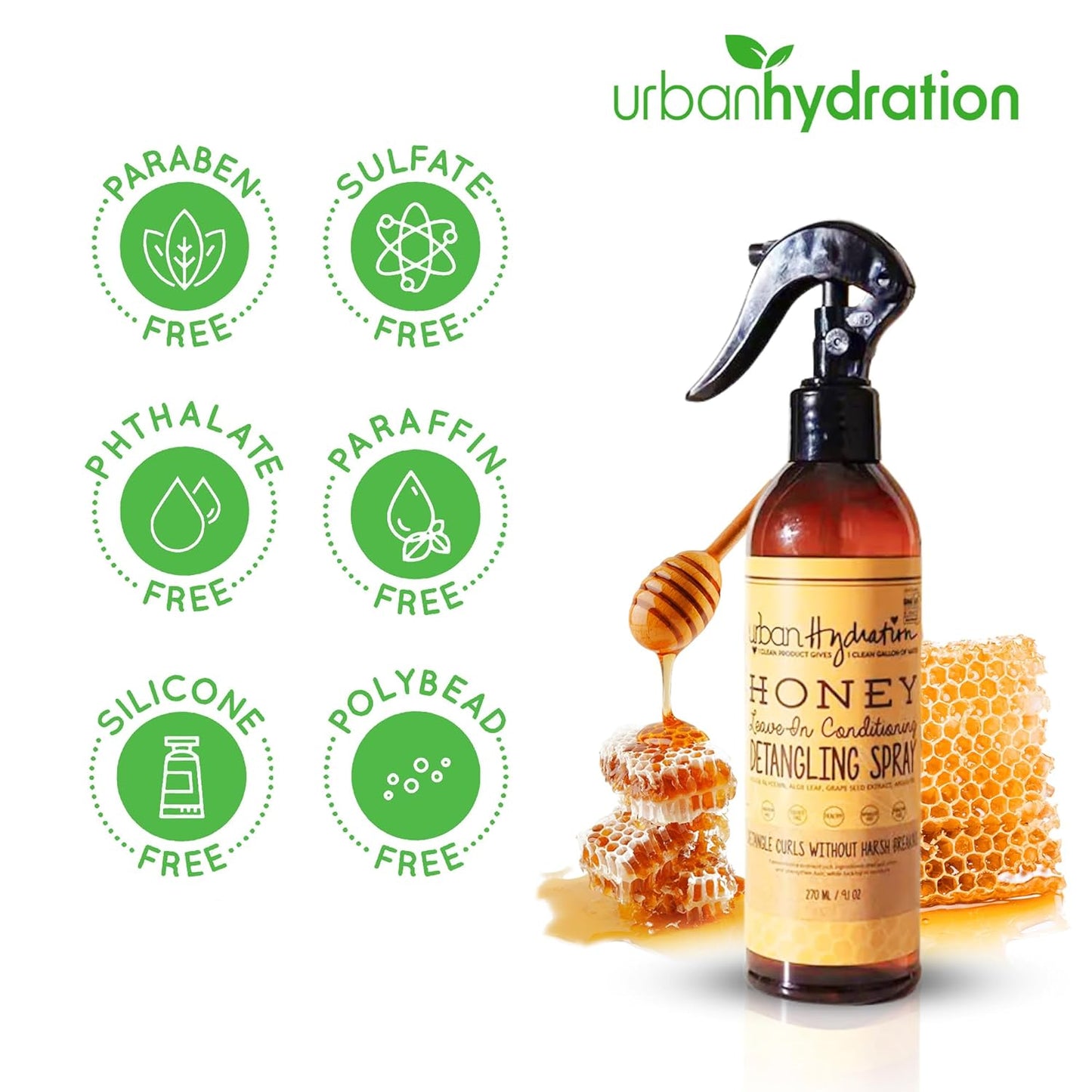 Urban Hydration Honey Hair Detangler - Sulfate & Paraben Free, Prevents Breakage & Tames Frizz | 9.1 Fl Oz