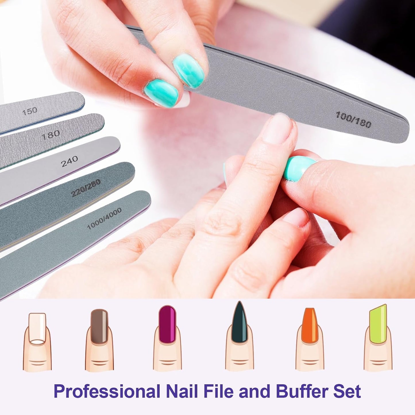 Skiennix Nail File and Buffer Set - 6 Pcs Professional Kit for Acrylic & Natural Nails | Various Grits