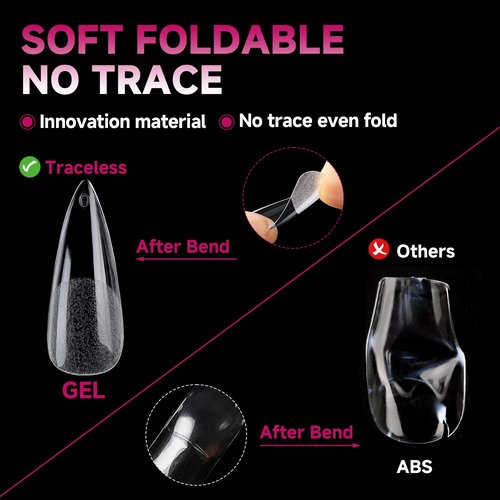 UNA GELLA Long Stiletto Nail Tips 504PCS, Full Cover Pre-Etched Long Stiletto Almond Clear Fake Nails Tips, Sturdy Acrylic Press on Nails, No C Curve Soft Gel Tip for DIY Nail Extension kit 12 Sizes