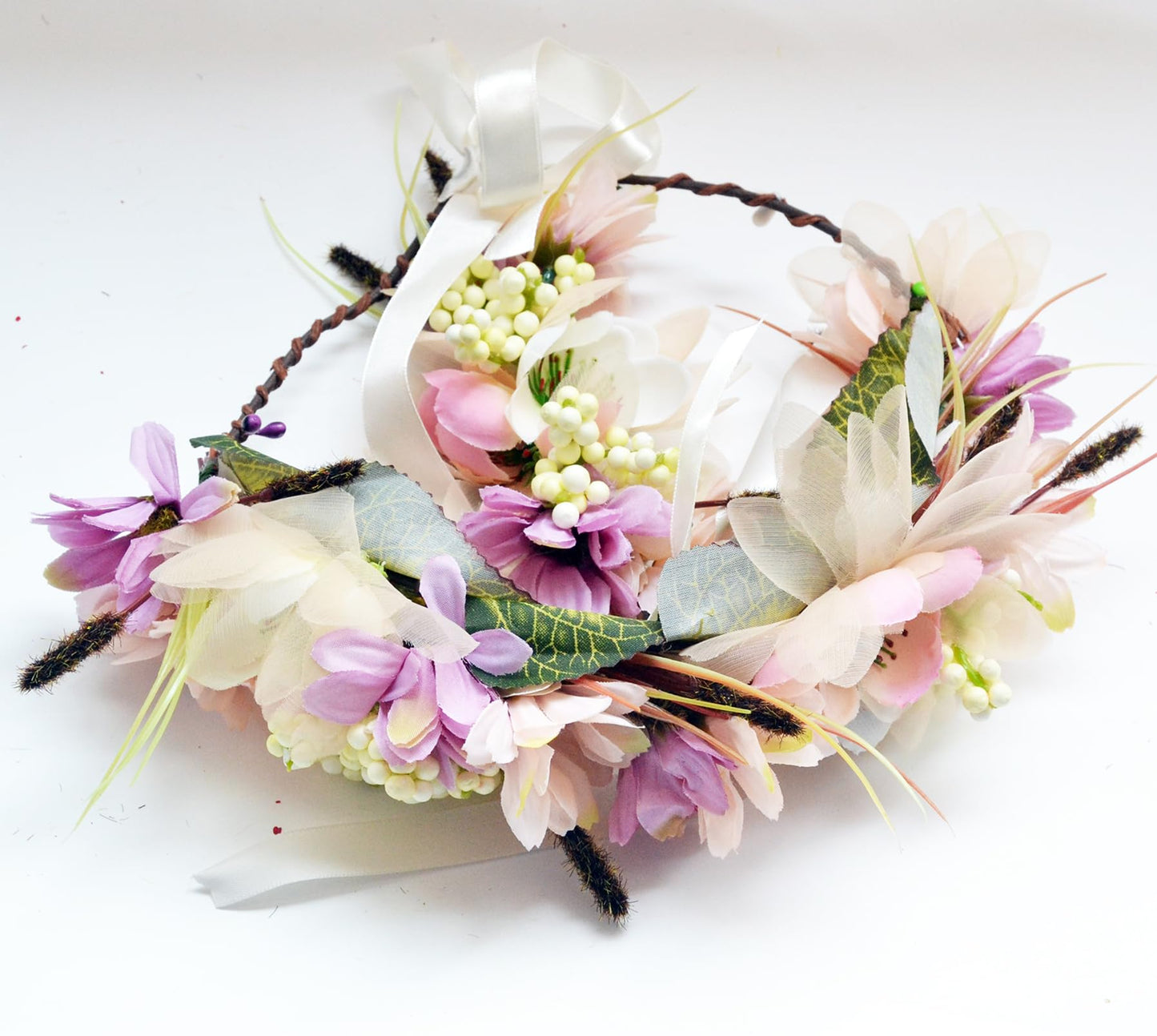 LLinfflr Fairy Flower Crown Woodland Headband Forest Headpiece for Women Girls Elven with Wristband Floral Circlet Bridal Wedding Prom Halloween Cosplay Photos Yellow