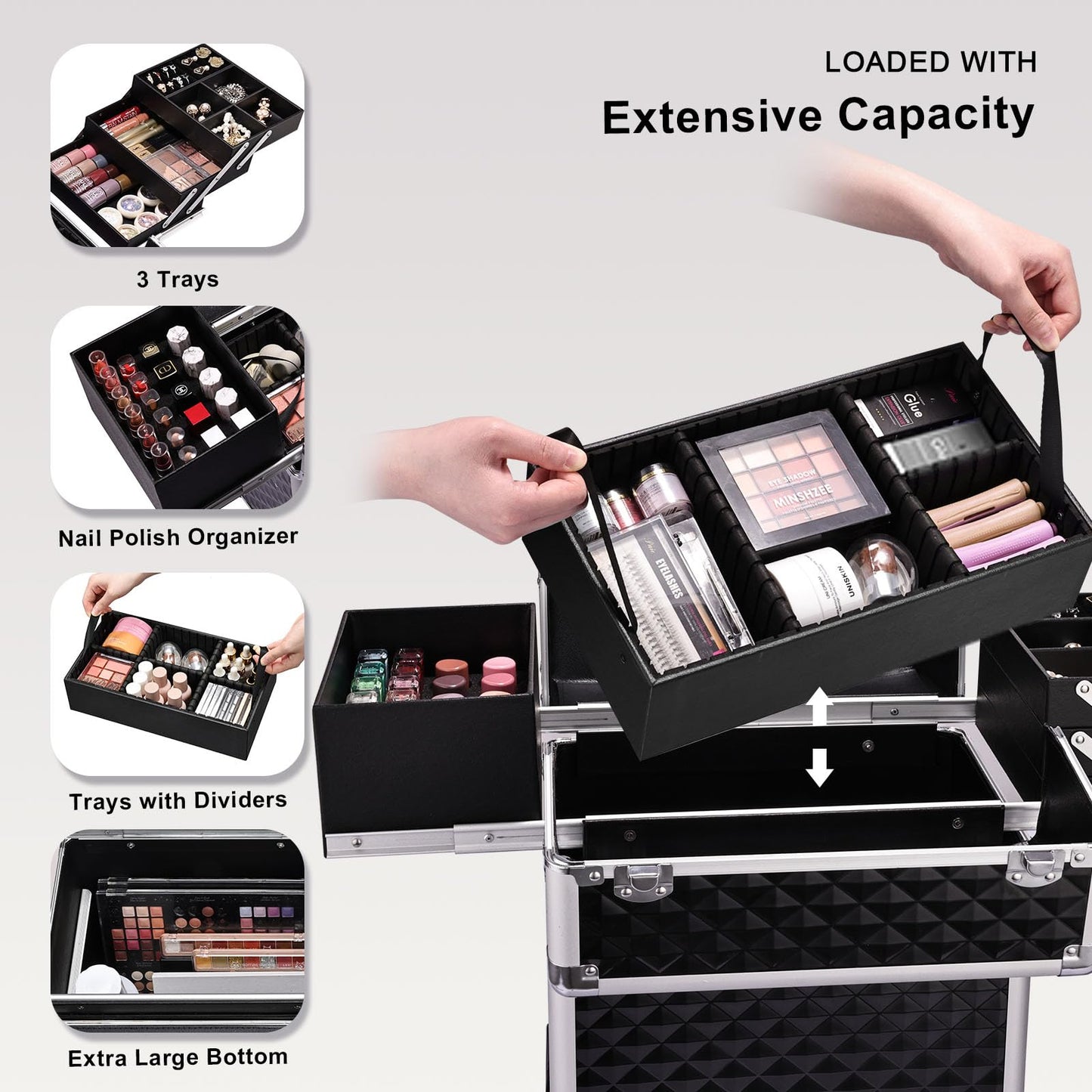 Stagiant Rolling Makeup Train Case Large Cosmetic Trolley 4 Tray with Sliding Rail Removable Layer with Key Swivel Wheels Salon Barber Storage Traveling Cart Trunk - Diamond Black