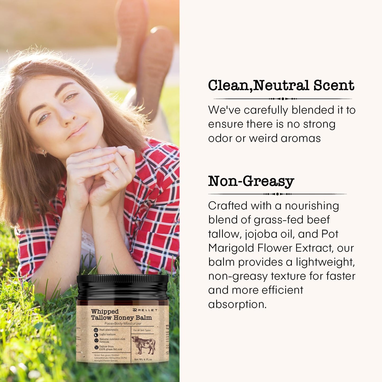 Beef Tallow and Honey Balm for Skin: 4oz Grass Fed Whipped Beef Tallow With Honey Face Body Moisturizer - Organic Unscented Fast Absorption Tallow Cream Infused with Manuka Honey Beeswax Olive Oil