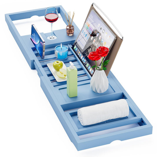 Yirilan Bamboo Bathtub Tray Caddy, 1 or 2 Person Expandable Wooden Bathroom Tray, Luxury Bamboo Bathtub Tray Expandable, Bath Tub Table Caddy with Extending, Blue