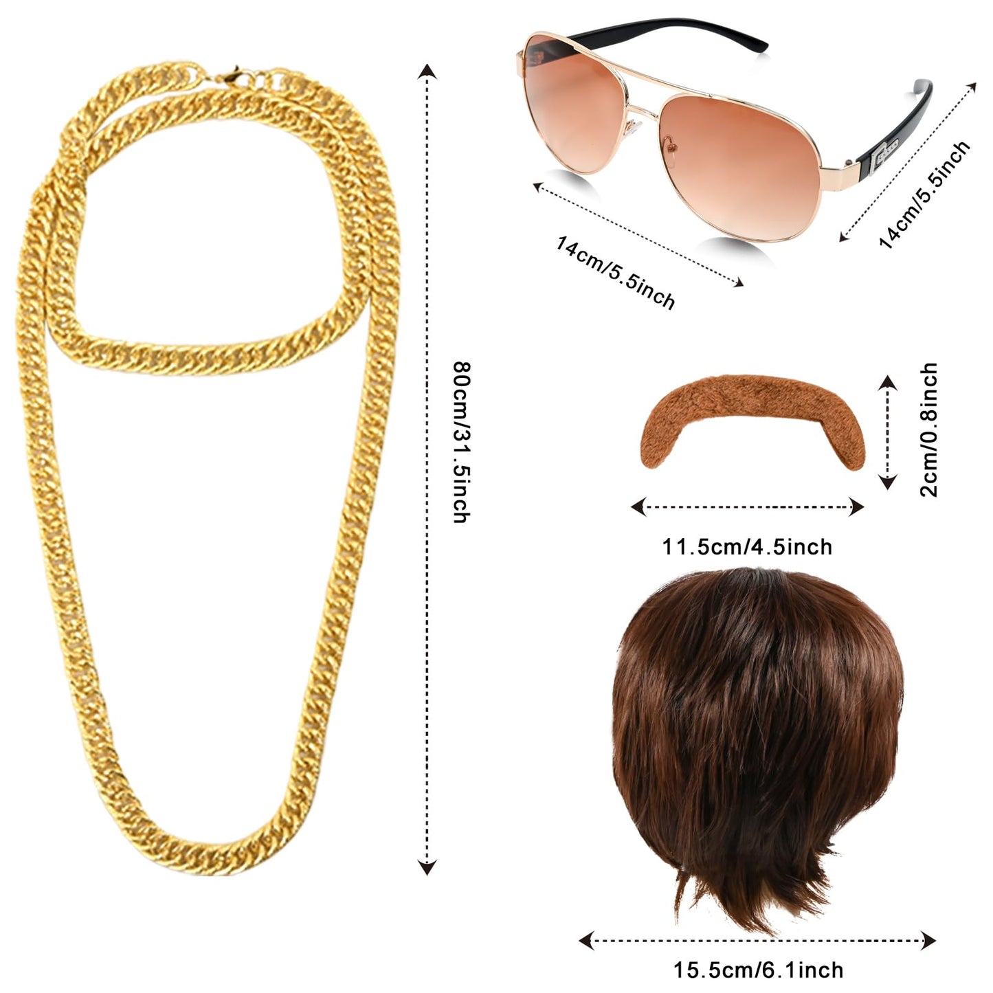 5Pcs 70s 80s Disco Wigs Set with Mustache Sunglasses Gold Chain Hairnet, Brown Afro Short Hair Synthetic Mullet Toupee for Adult Mens 50s 60s Singer Rocker Hippies Costumes Cosplay Halloween Party