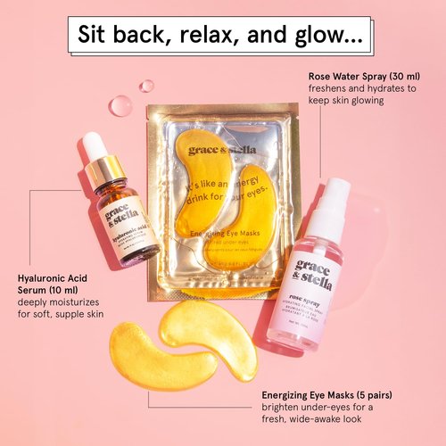 Grace & Stella Award-Winning Skin Care Set | Travel Essentials with Gold Eye Masks, Hyaluronic Acid Serum & Rose Spray - Perfect Gift for Mom, Birthdays & Bachelorette Parties