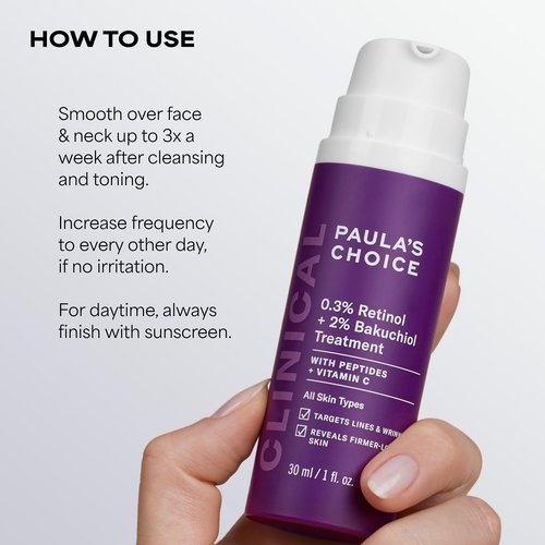 Paula's Choice CLINICAL 0.3% Retinol + 2% Bakuchiol Face Serum Treatment, Anti-Aging Serum for Face with Ceramides, Hylauronic Acid, Vitamin C & E, Deep Wrinkles & Fine Lines, Fragrance-Free, 1 oz