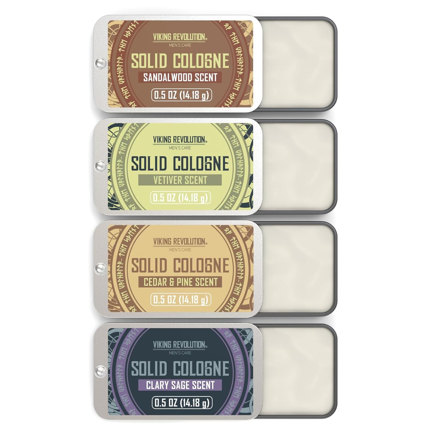 Viking Revolution Solid Cologne 4-Pack - Travel-Friendly Men's Perfume with Cedar Wood, Clary Sage, Vetiver & Sandalwood - 0.5 Oz Each