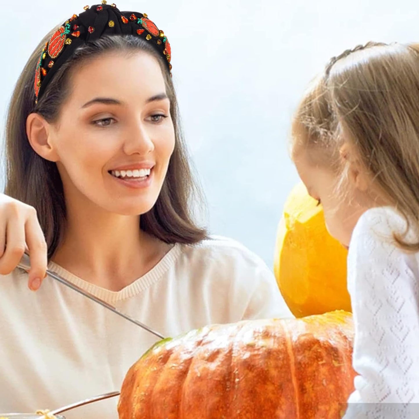 ARATLENCH Thanksgiving Headband Accessories Fall Pumpkin Beaded Knotted Headband Pearl Rhinestone Wide Headband Hair Accessories