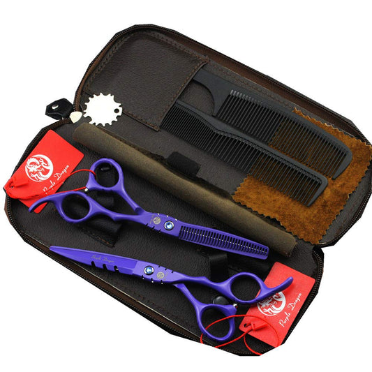 Purple Dragon Professional Japan 440C Hair Salon Cutting Shear and Barber Thinning Scissor Hairdressing Shear Set with Bag