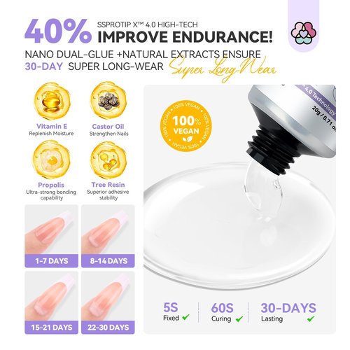 SAVILAND Solid Nail Glue Gel: 30-Day Lasting Strong Adhesive Glues for Press On Nails - SSProTip X Professional Gel Nail Glue, U V Curing Formula, Quick Cure Home & Salon Use,0.71 Fl Oz