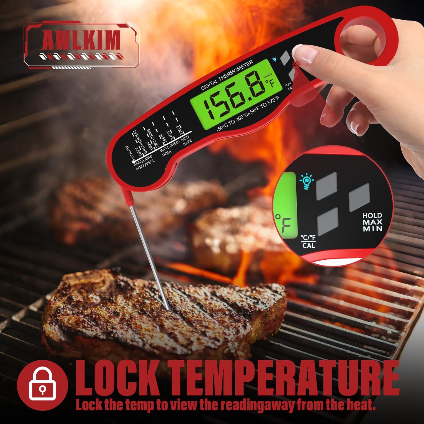 Fast Instant Read Meat Thermometer with Backlight - Waterproof Digital Food Probe for Grilling, Cooking, Baking & Candy Making - Kitchen & BBQ Essential(Black)