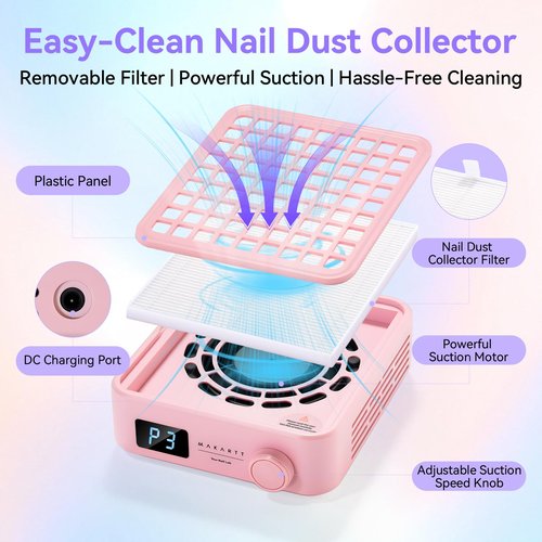 Makartt MIni Nail Dust Collector - Professional Powerful Suction Larina Dust Cleaner with LED Display, Adjustable Speed Wrist Rest and Reusable Filter for Nail Tech Acrylic Gel Polishing Pink
