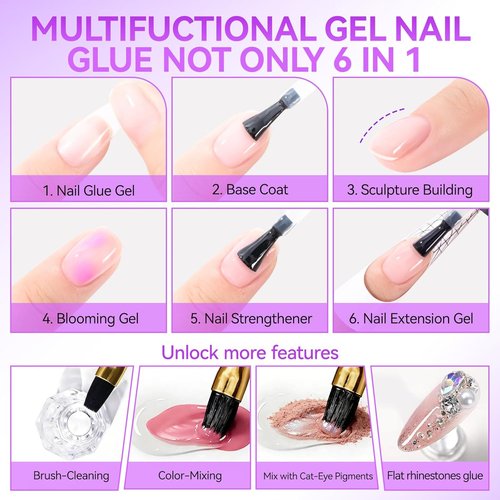 Gelike EC Gel Nail Glue - 6 in 1 Strong UV Nail Adhesive for Press Ons & Acrylics | Long Lasting 28 Days Hold