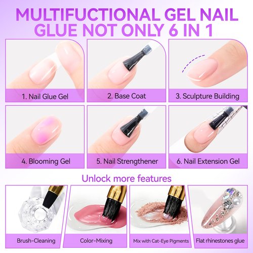 Gelike EC UV Nail Glue Gel: 32ML 6 in 1 Strong Glue Nail for Extension Home DIY Clear UV Cure Adhesive for Acrylic Nails & Press On Nails Tips 12 Toxic-Free