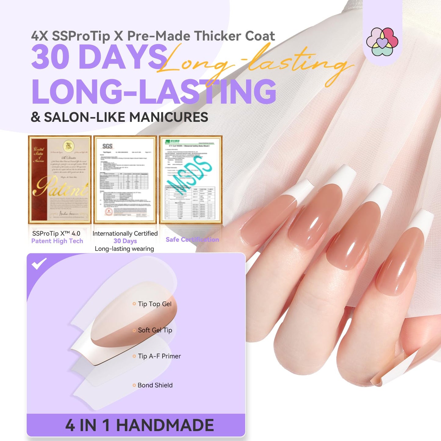 SAVILAND French Tip Press On Nails 160 Pcs: 4X Press On French Tip Nails Pre-Shaped Long Coffin Full Cover French Gel Nail Tips Soft Matte Gel Nail Tips for DIY Nail Extensions Nail Art Gifts