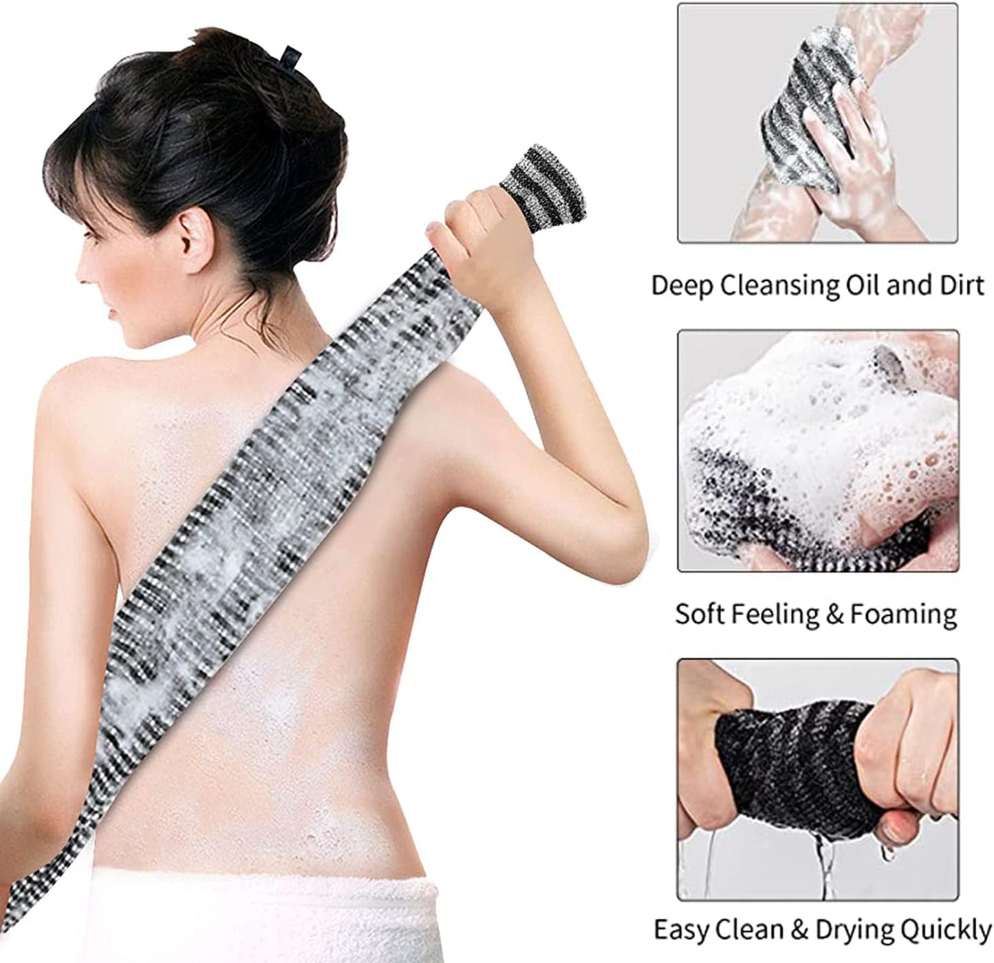 Yiclick Exfoliating Body Scrubber - Japanese Back Wash Cloth for Men & Women | Black Luffa Towel