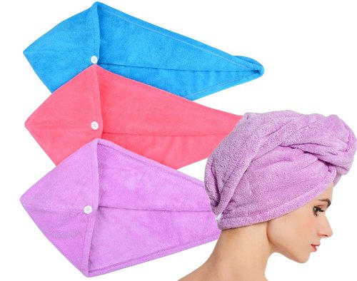 HOPESHINE Hair Towel - Soft Shower Turban Wrap for Quick Drying | 3-Pack in Blue, Purple & Rose Red