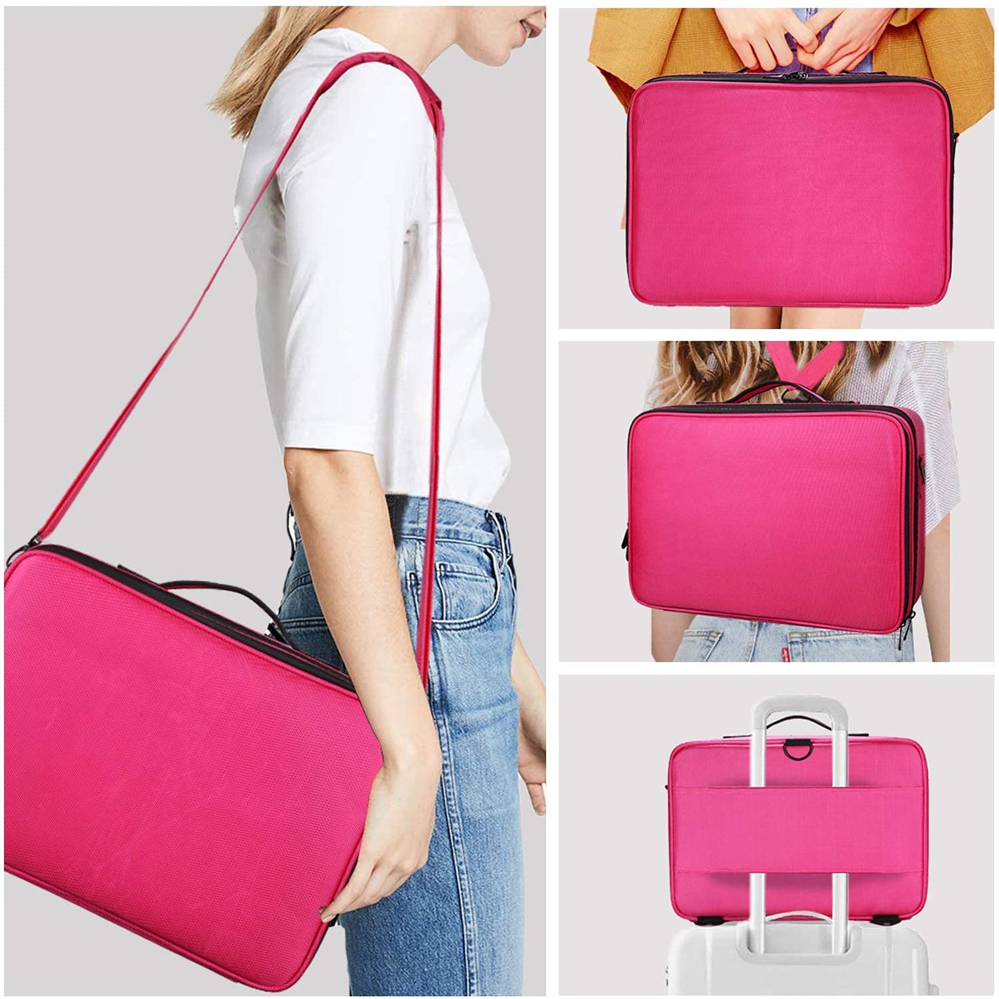 JOURMON Travel Makeup Case Portable Makeup Train Case Organizer Cosmetic Bag with Adjustable Dividers and Shoulder Strap for Makeup Brushes Toiletry Travel Accessories(Rose Red, L)