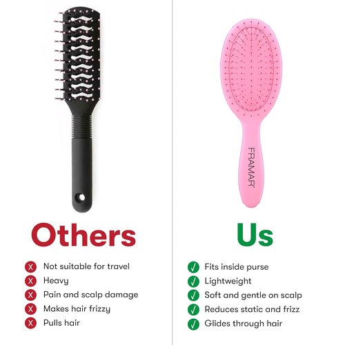 FRAMAR Mini Hair Brush Detangler - Compact Travel Brush Reducing Breakage for All Hair Types - Matte Pink
