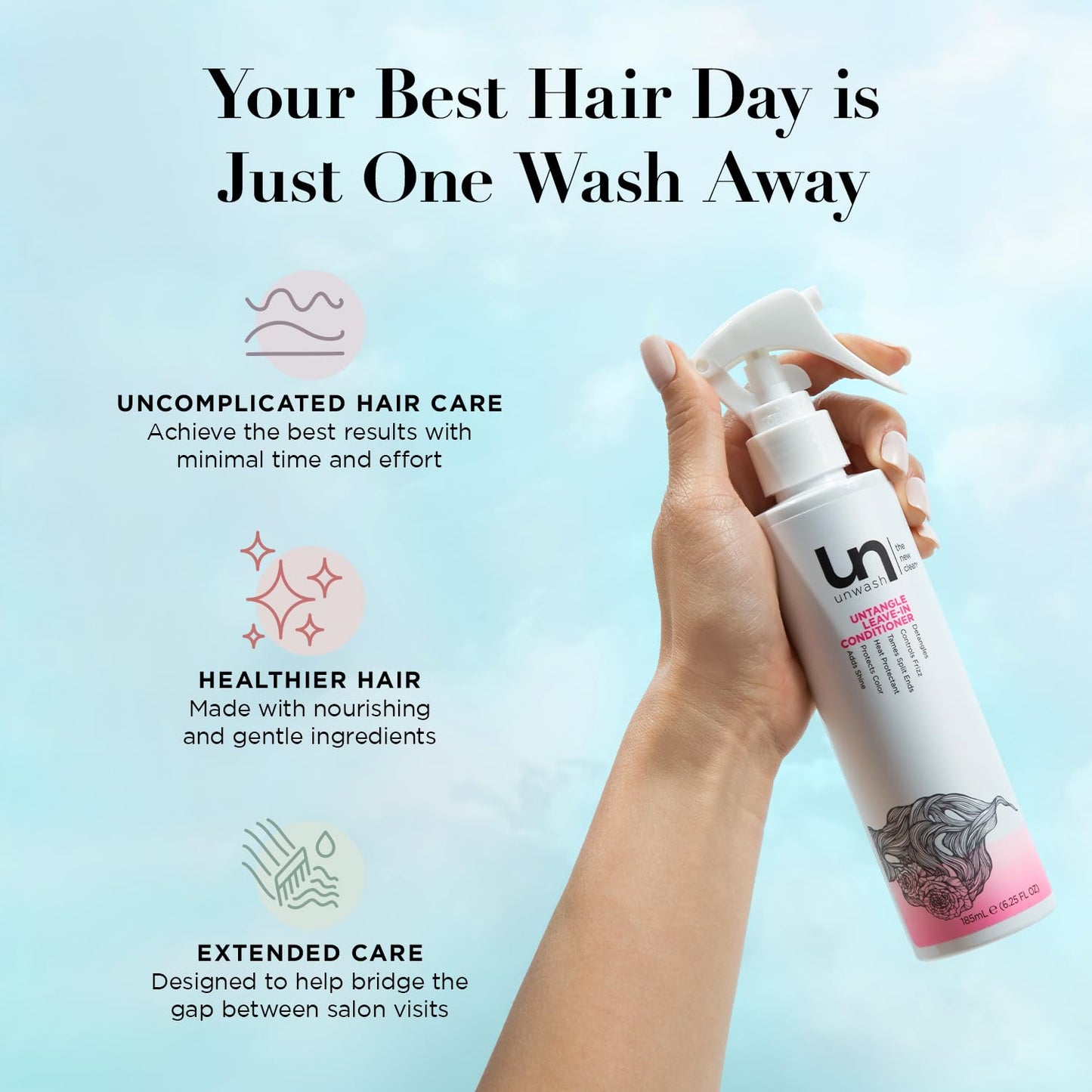 Unwash Untangle Leave-In Conditioner Spray - Vegan Frizz Control & Heat Protection | 6.25 fl oz