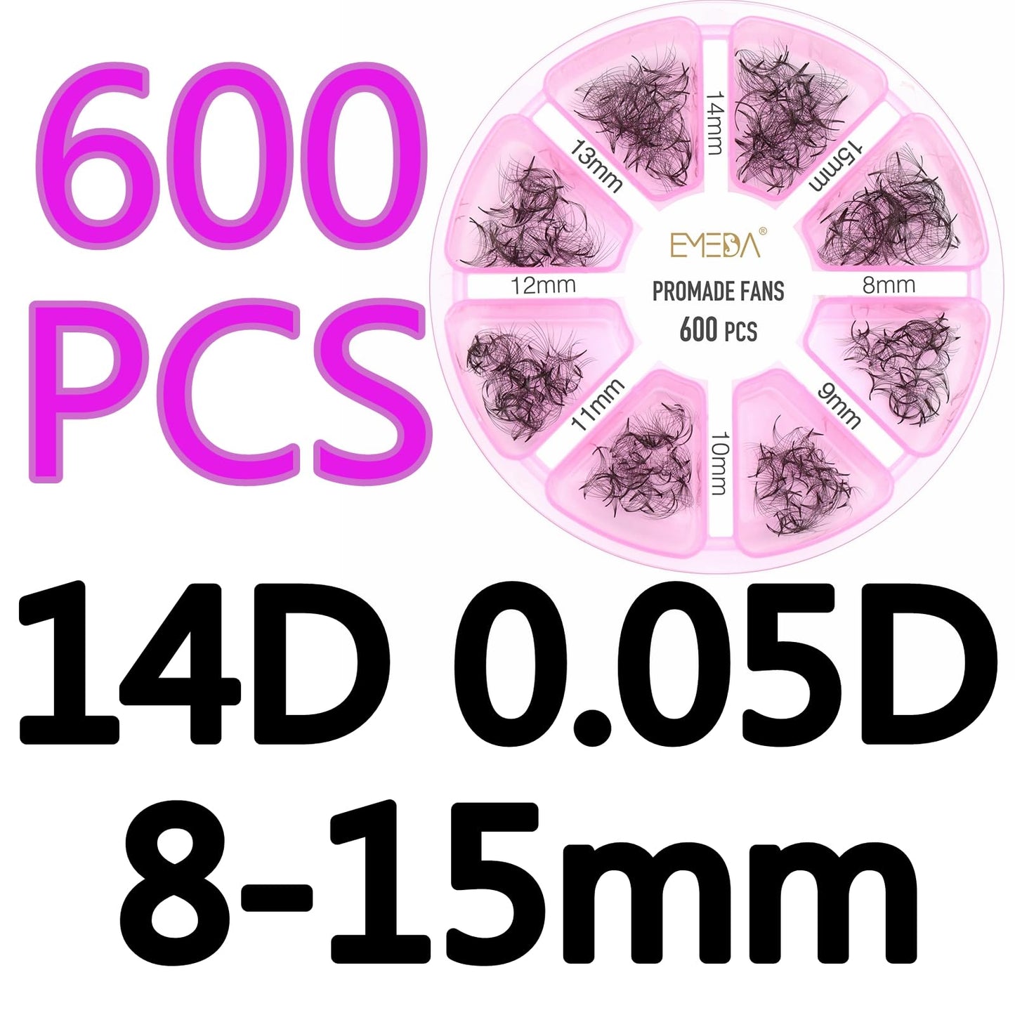 Premade Fans Eyelash Extensions 600 pcs Small Base Promade Loose Fans Stable D Curl 8-15mm Mix Lengths Short Stem Pre Made Volume Lashes with Reusable Silicone Pad by EMEDA (14D 0.05 D 8-15mm)