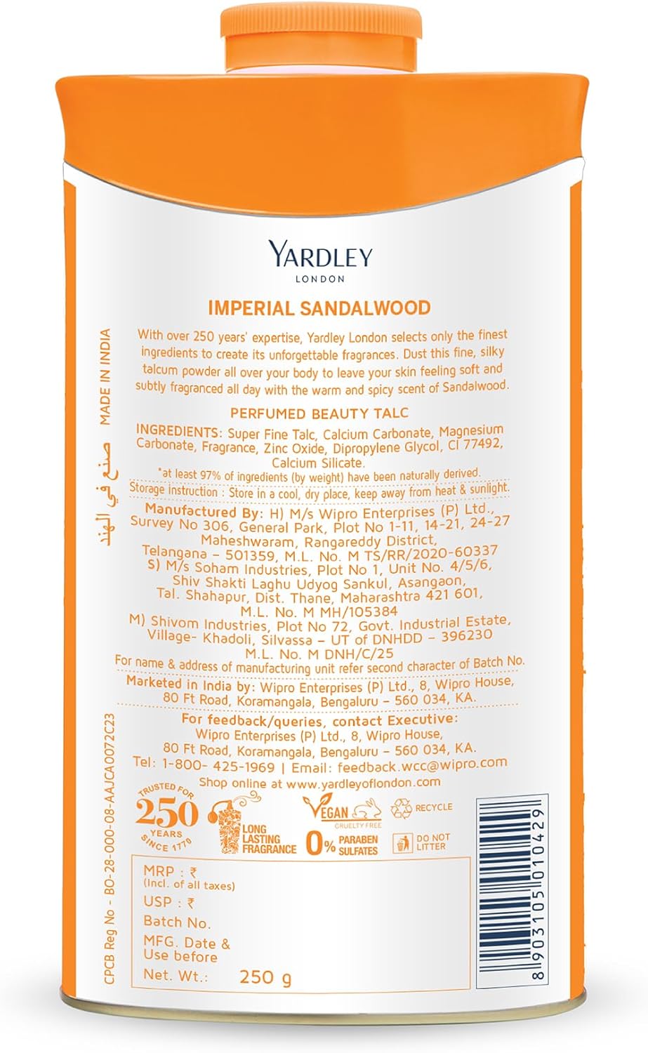 Yardley Sandalwood Perfumed Talc - Luxurious Fragrance & Softness | 250g Size