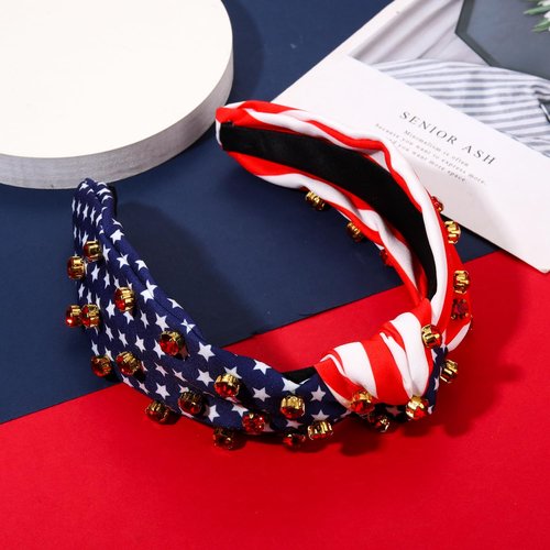 4th of July Headband American Flag Crystal Star Knottted Headband for Women Fourth of July Patriotic Headband Headpiece Red White and Blue Stripe Top Knot Wide Hairband Party Favor Gift (red white