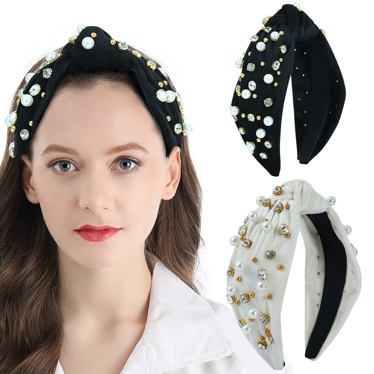 CULHEITE 2 Pack Pearly Knotted Women Headband Jeweled Embellished Gem Hairband White Black Set Luxury Fashion Hair Accessories for Women Mother's Day Gifts