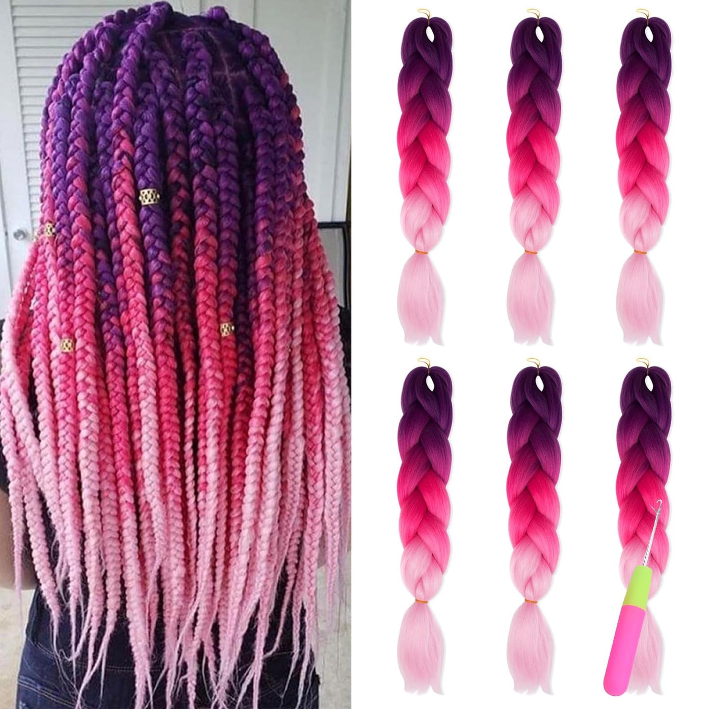 HMIEPRS 6 Pack Braiding Hair Extensions 24 Inch, Colored Pre Stretched High Temperature Synthetic Ombre Braids Hair Yaki Texture for Women Girls (Purple-Pink-Light pink)