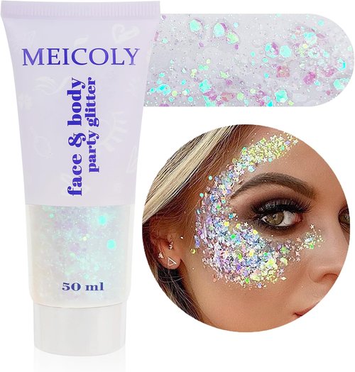 MEICOLY Clear White Body Glitter - Chunky Face & Hair Sparkling Gel for Festivals | 50ml