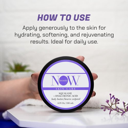 NOW Beauty Squalane Body Butter - Hydrating Coconut Oil & Shea Butter Lotion for Dry Skin - 6 oz