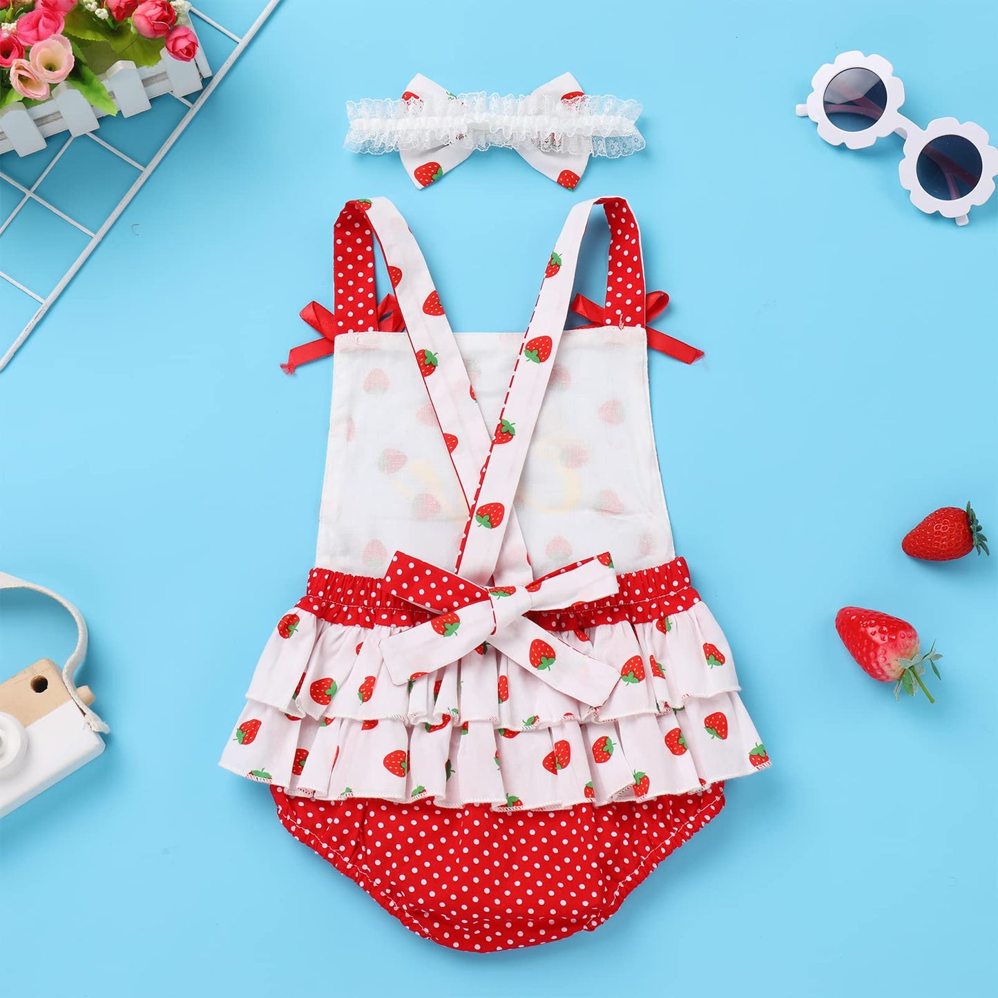 Infant Newborn Baby Girl Romper Toddler First Birthday Cake Smash Outfits Strawberry Polk Dot Print Bubble Romper Photography Outfits Easter First Communion Onesie Red-Strawberry (2PCS) 12-18 Months