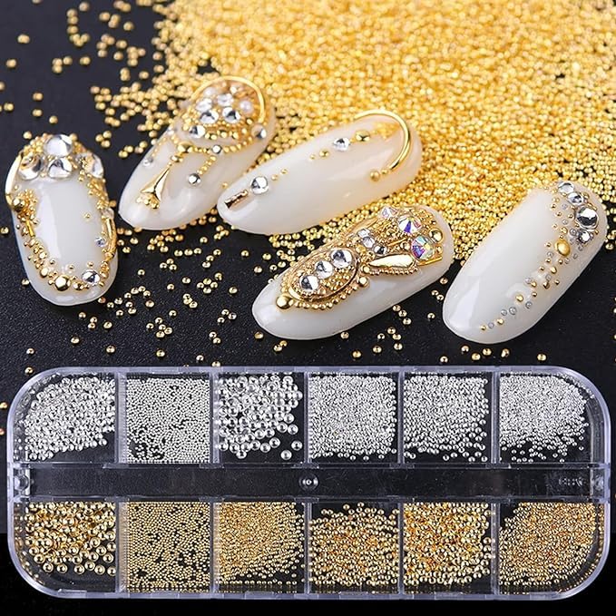 VOTACOS Nail Art Pearls with Nail Rhinestones Glue Gel Flatback Pearls Nail Charms Luxurious Nail Supplies Accessories Gold Silver Nail Gems Jewelry Pearls for Women Nail Design