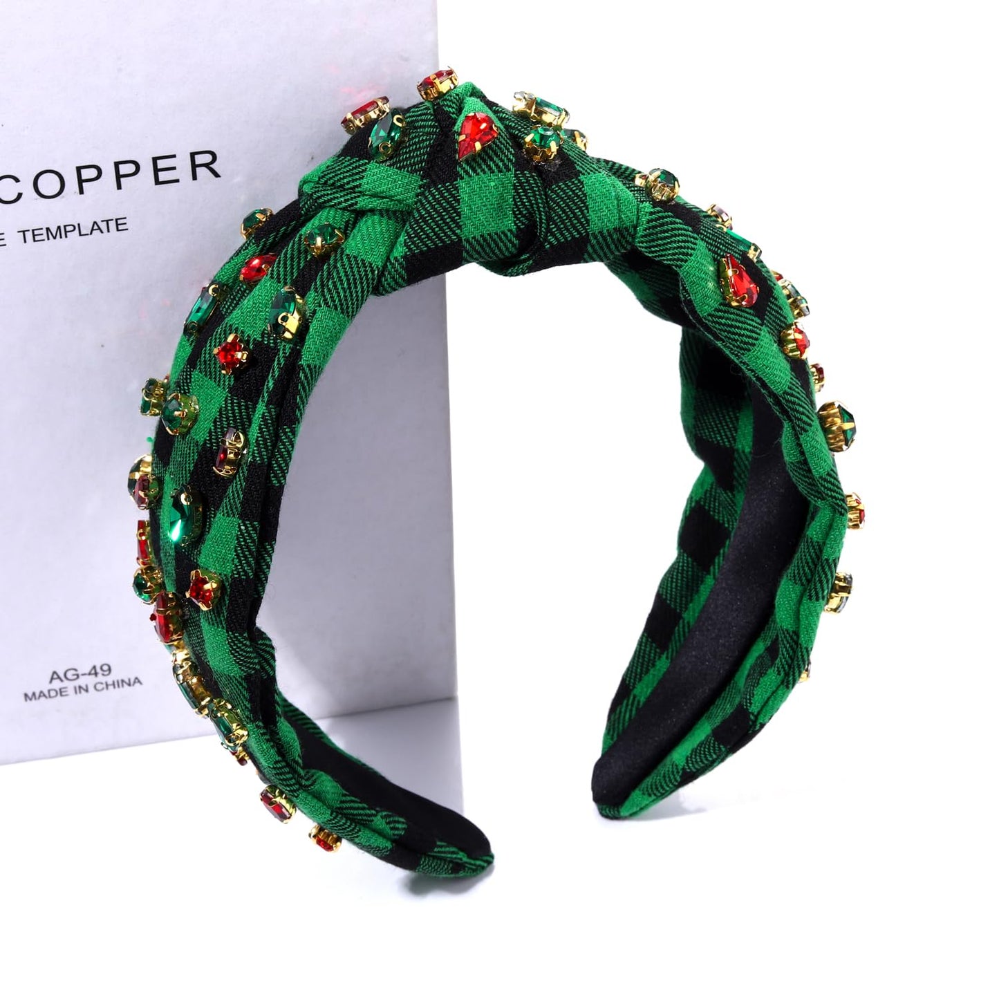 Christmas Holiday Headband for Women Rhinestone Crystal Knotted Headband Embellished Red Green Plaid Top Knot Headband Christmas Hair Accessories Holiday Outfits Festive Party Gifts (Christmas 2)