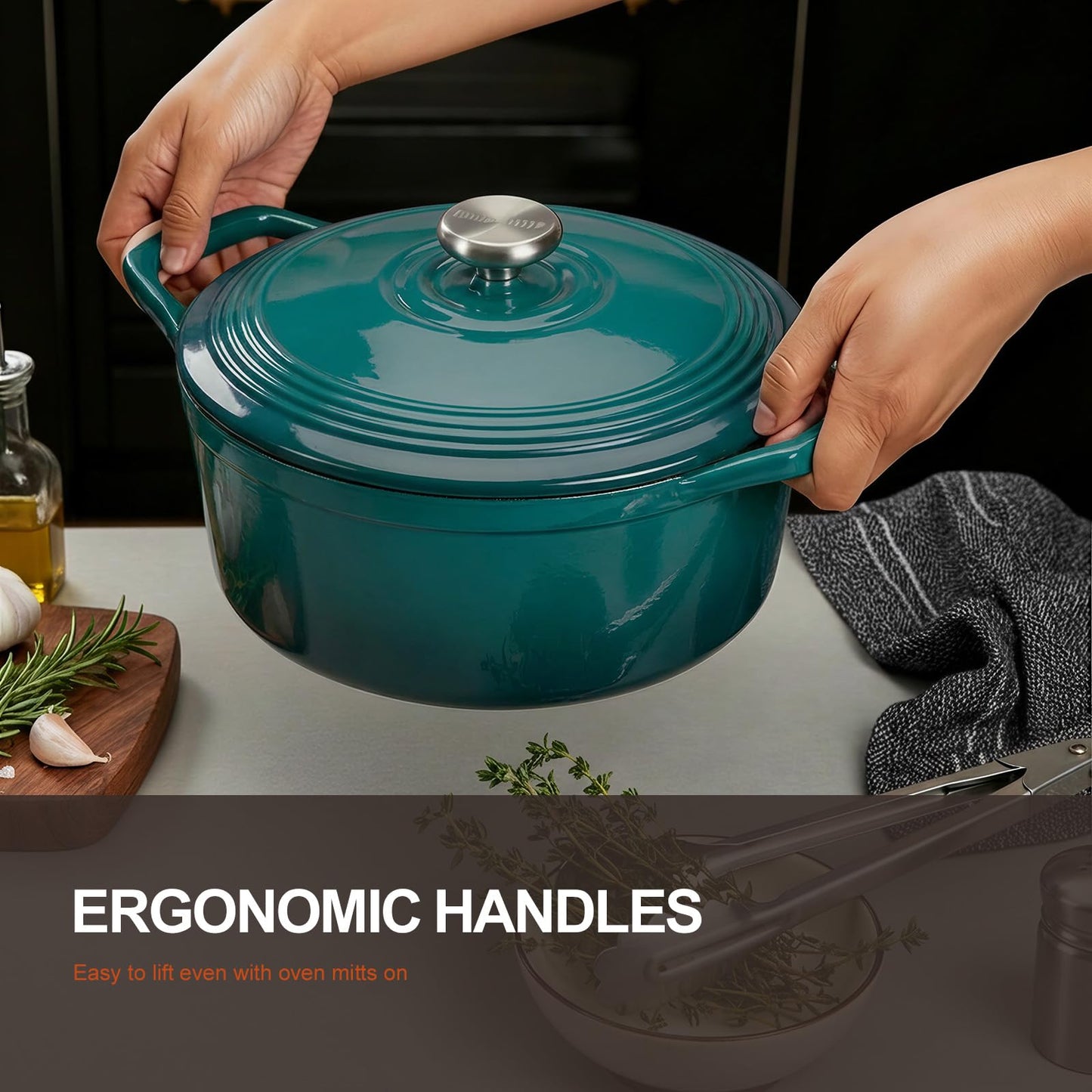 Overmont Enameled Cast Iron Dutch Oven - 4.5QT Pot with Lid Cookbook & Cotton Potholders - Heavy-Duty Cookware for Braising, Stews, Roasting, Bread Baking bottle green