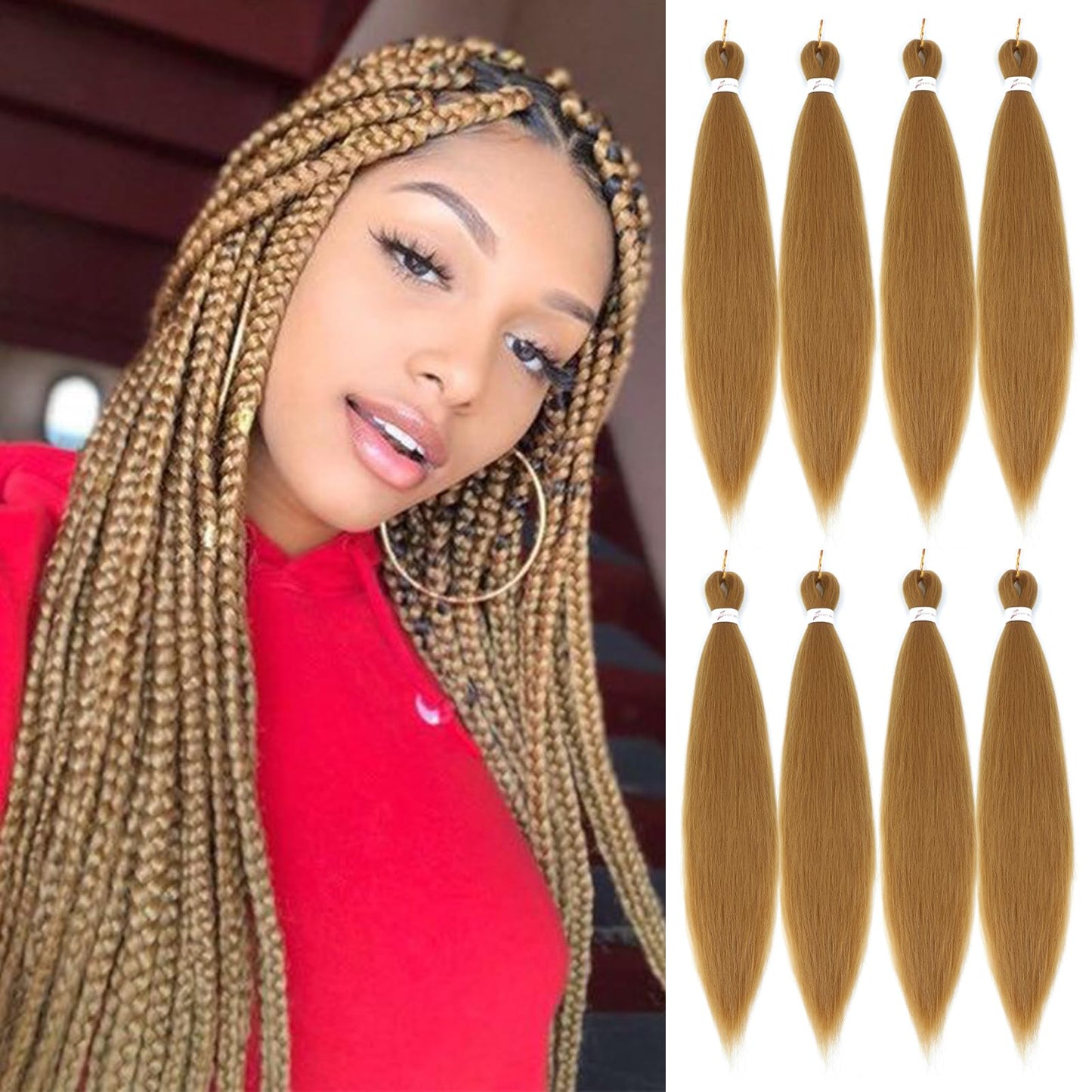 Braiding Hair Pre Stretched 26 Inch 8 Packs Honey Blonde Braiding Hair 27# Long Prestretched Braiding Hair Professional Synthetic Hair Yaki Texture Itch Free Hot Water Setting