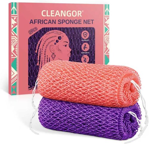 Cleangor African Net Sponge Set - Authentic Exfoliating Body Scrubber for All Skin Types | Pink & Purple