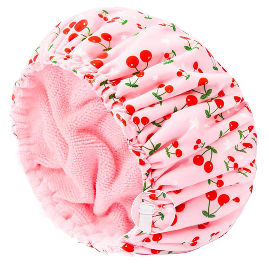 Skiennix Shower Cap - Waterproof Terry Lined Bath Cap for Long Thick Hair - Large Pink Size