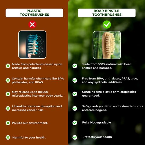 PureBristle Boar Bristle Bamboo Toothbrushes 4-Pack, 100% Biodegradable Plastic Nylon Free, Eco-Friendly Manual Toothbrushes for Adults & Kids, Medium Firmness