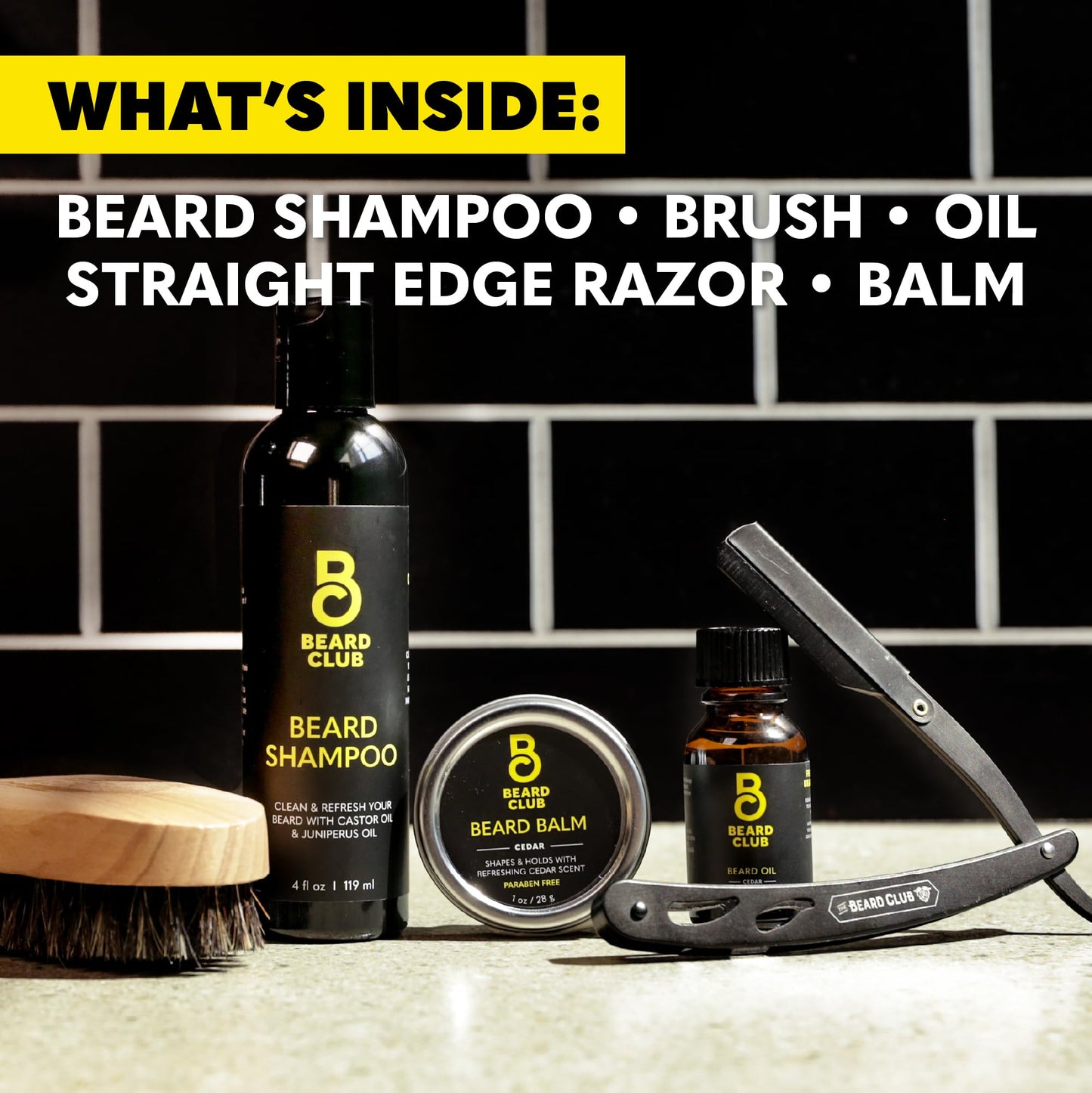 Beard Club Beard Care Kit - Grooming Essentials for a Healthier, Stylish Beard - Straight Edge Razor, Shampoo, Cedar Balm, Oil, and Boar Bristle Brush