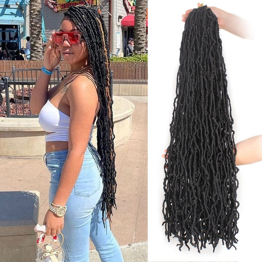 Leeven Soft Locs 36 Inch 3 Packs Black Distressed Faux Locs Crochet Braids Hair Natural Butterfly Locs Pre Looped Long Curly Wavy Goddess Locs Synthetic Hair Extensions #1B