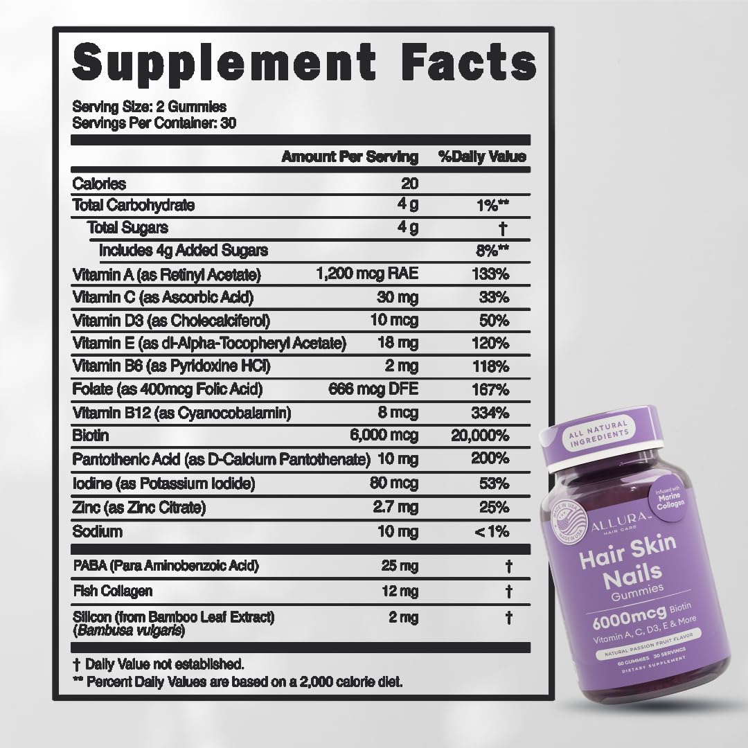Skiennix Hair Skin and Nails Vitamins - Extra Strength 6000mcg Biotin Gummies with Marine Collagen & Vitamins | 60ct Passion Fruit