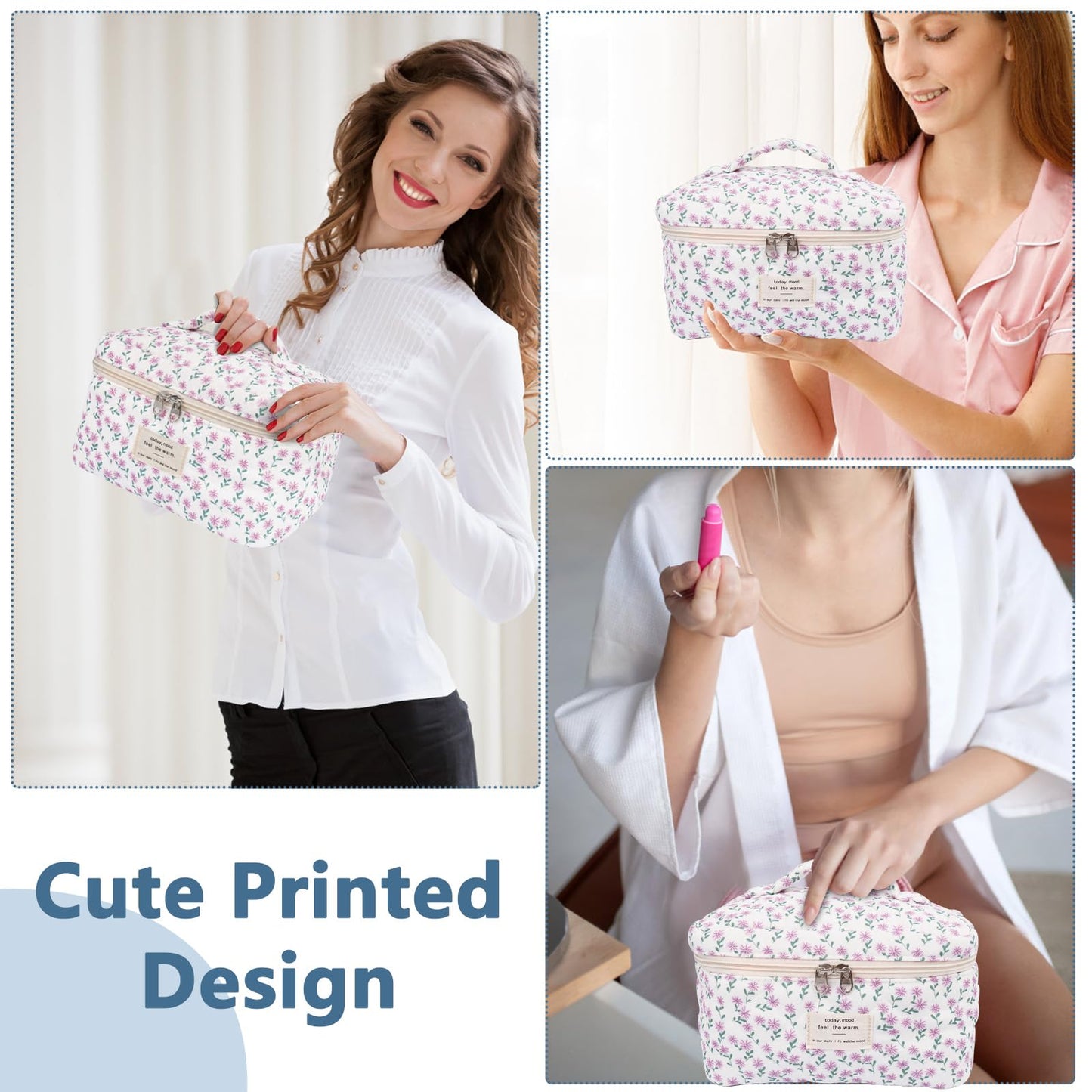 Large Makeup Bag, Cute Cosmetic Bag for Women Girls, Floral Coquette Aesthetic Toiletry Bag, Travel Make Up Organizer Bag (Purple Flower)