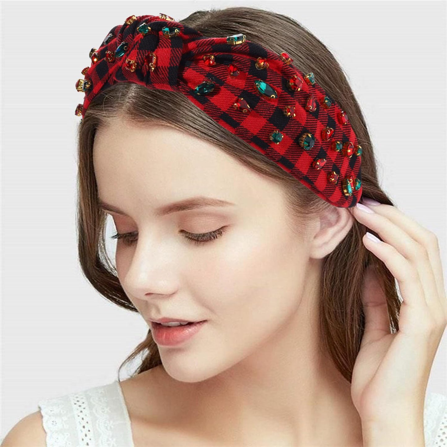 CEALXHENY Christmas Headband Accessories for Women Red Green Rhinestone Crystal Knotted Headband Jeweled Xmas Plaid Wide Top Knot Headband Christmas Outfits Holiday Gifts (Christmas 1)