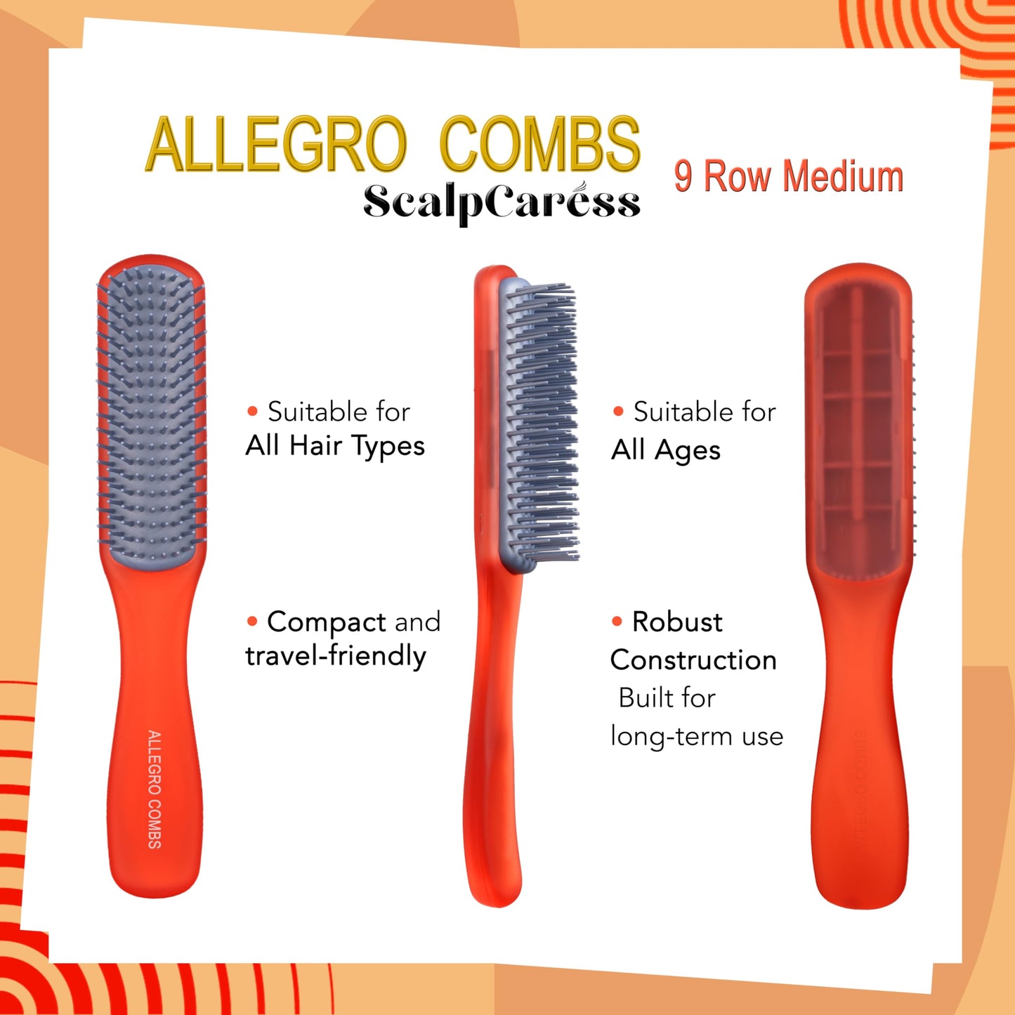 Allegro Combs ScalpCaress Hair Brushes For Women Mens Brush Children Detangler Brush For Curly Hair Curly Hair Brush Slick Back Hair Brush (Red, Medium)