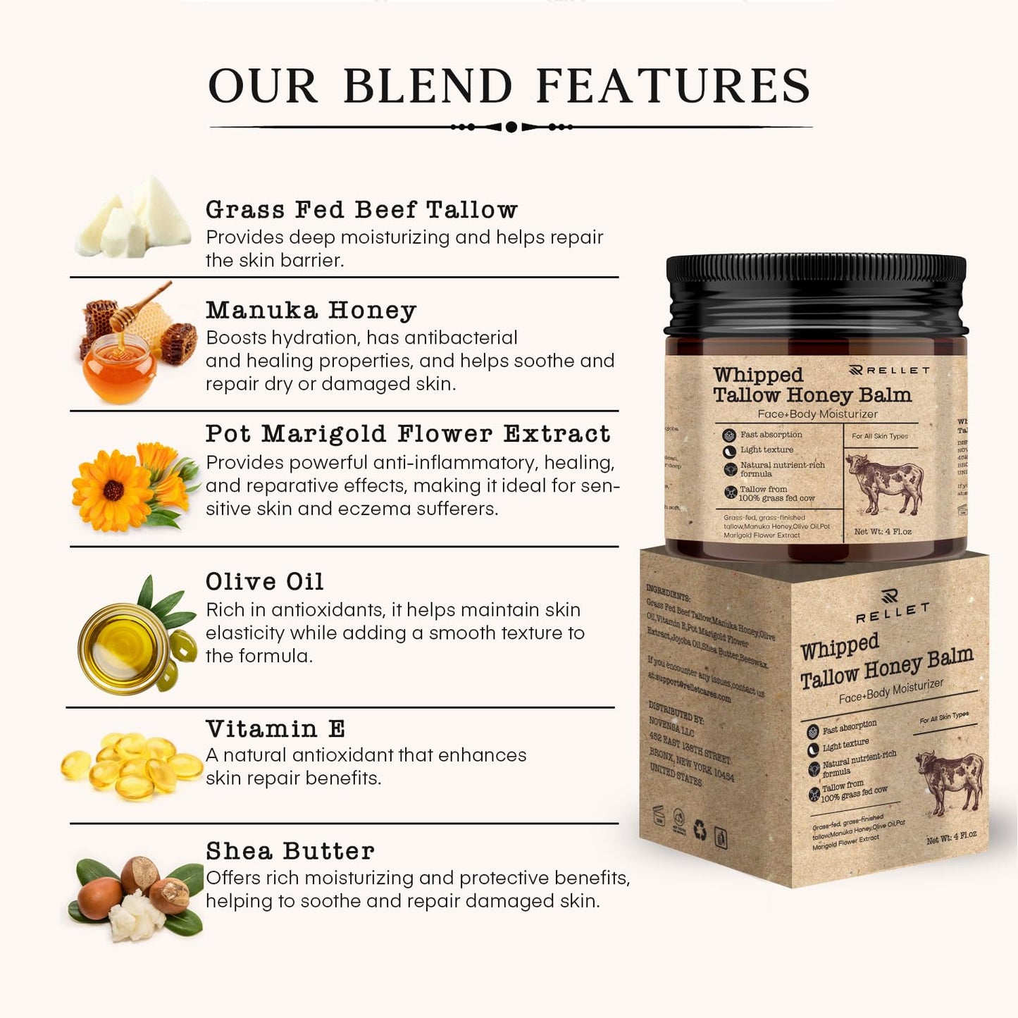 Beef Tallow and Honey Balm for Skin: 4oz Grass Fed Whipped Beef Tallow With Honey Face Body Moisturizer - Organic Unscented Fast Absorption Tallow Cream Infused with Manuka Honey Beeswax Olive Oil