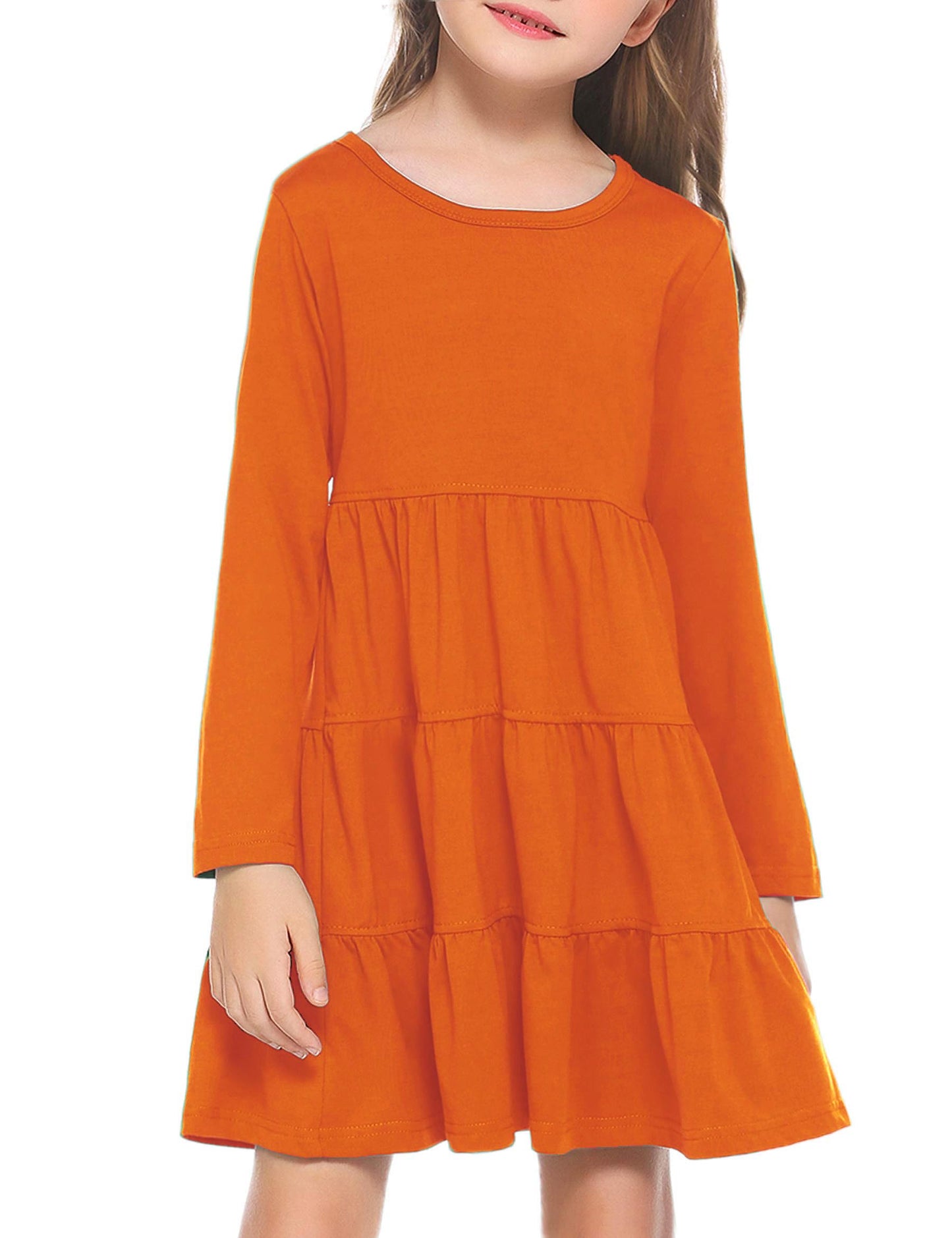 Arshiner Girls Long Sleeve Dress Fall Cotton Crewneck Tiered Ruffle Swing Solid Casual Midi Dresses Orange 6 Years